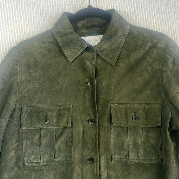 100% Suede Leather Jacket Shacket Womens Size 12 Olive Army Green Jones New York - Picture 2 of 16